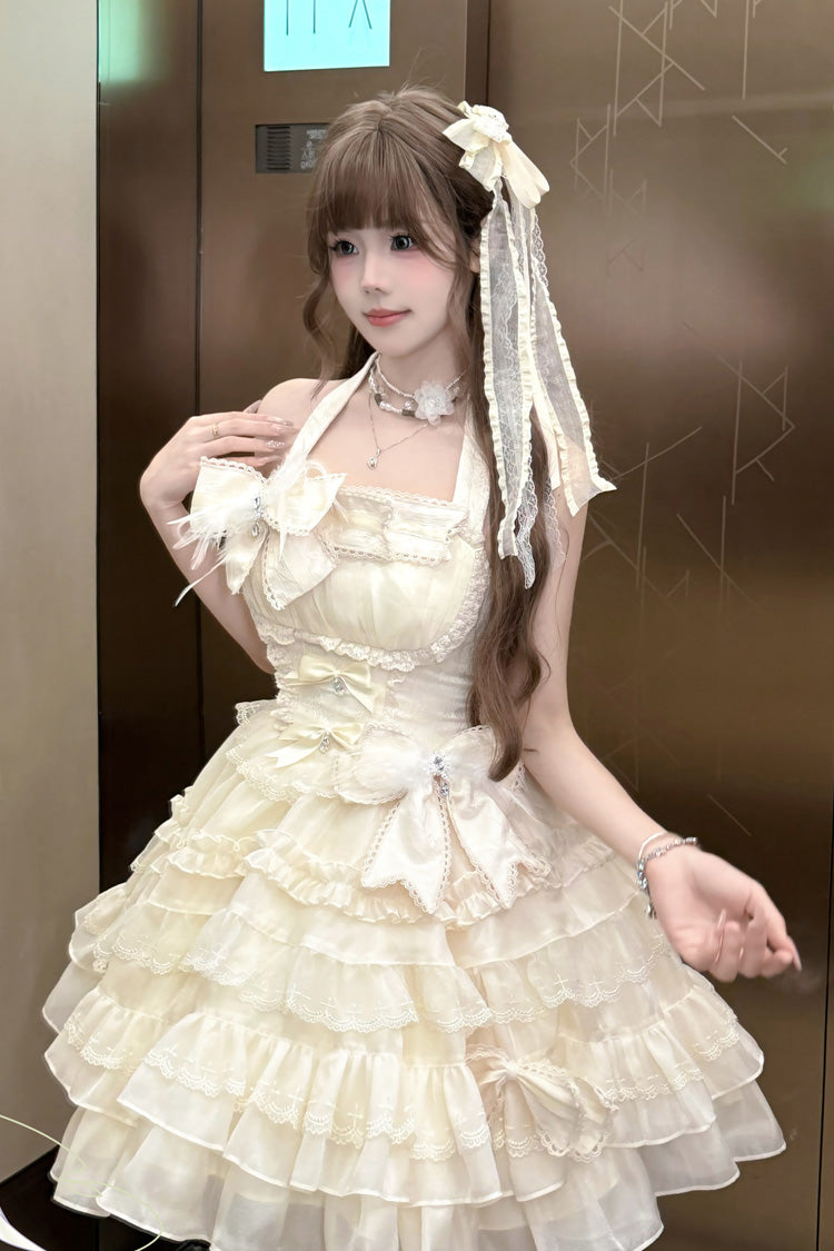 Apricot Swan Overture Halterneck Sleeveless Multi-Layered Ruffle Bowknot Lace Sweet Lolita Dress