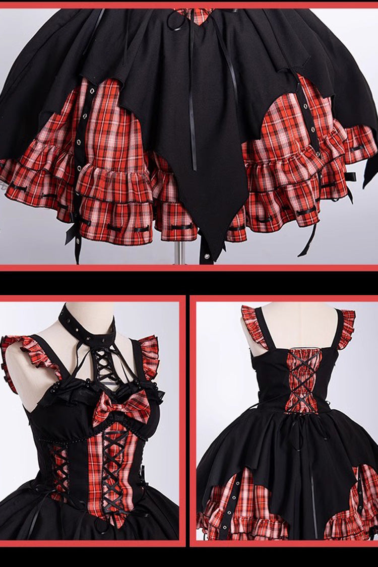 Rock Radio Wave Irregular Subculture Grid Print Bowknot Stitching Gothic Lolita Dress 3 Colors