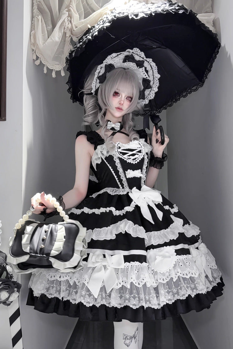 Black/White Super Cute Belia Sleeveless Triple-Layered Ruffle Bowknot Lace Gothic Elegant Lolita Jsk Dress