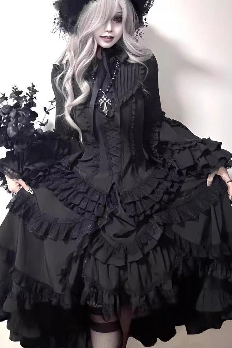 Black Immortal Phoenix Long Hime Sleeves Multi-Layered Ruffled Bow Lace-Up Gothic Lolita Skirt Dress Set