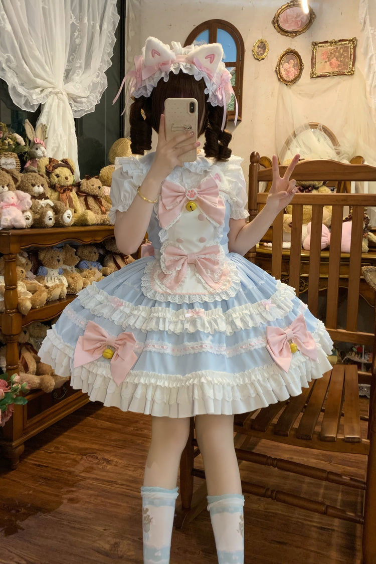 Blue Meowling Sweet Maid Sleeveless Multi-Layered Ruffle Bowknot Lace Sweet Princess Lolita Jsk Dress