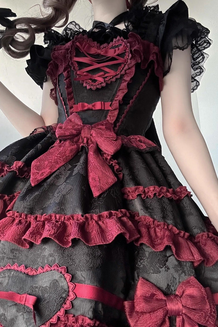 Black/Red Super Cute Belia Sleeveless Triple-Layered Ruffle Bowknot Lace Gothic Elegant Lolita Jsk Dress