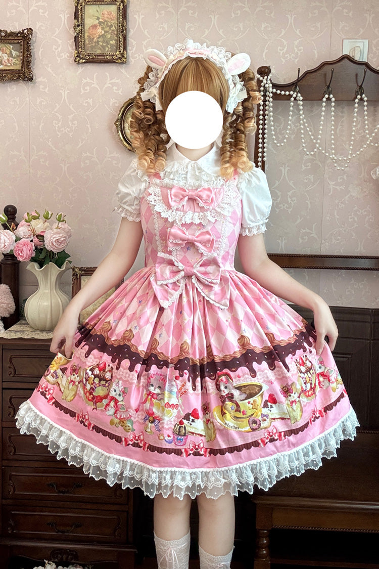 Cream Meow Sleeveless Print Bowknot Lace Sweet Lolita Jsk Dress 3 Colors
