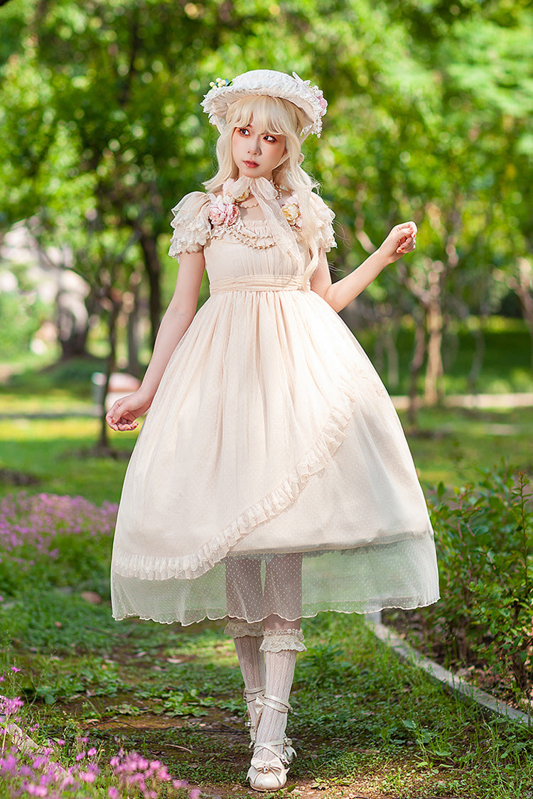 Apricot Moon goddess *Mediana* Polka Dot Print Ruffle Bowknot Asymmetric Sweet Elegant Lolita Dress