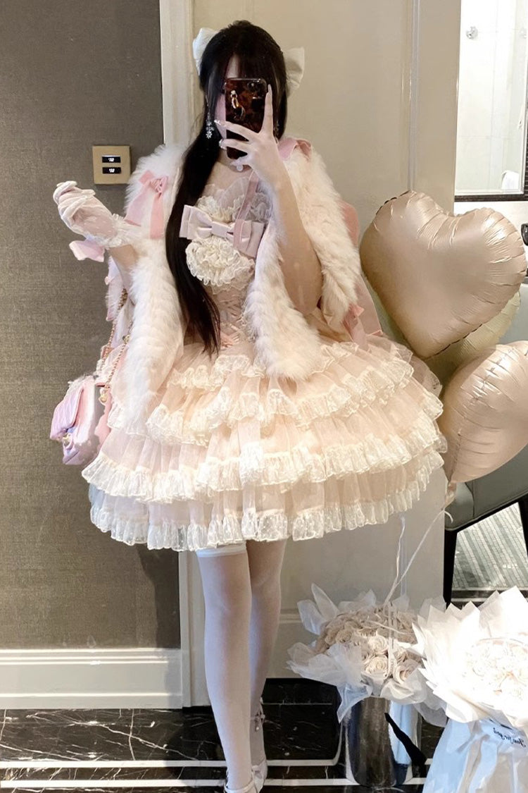 Pink Multi-Layered Ruffle Bowknot Lace Sweet Princess Lolita Jsk Dress