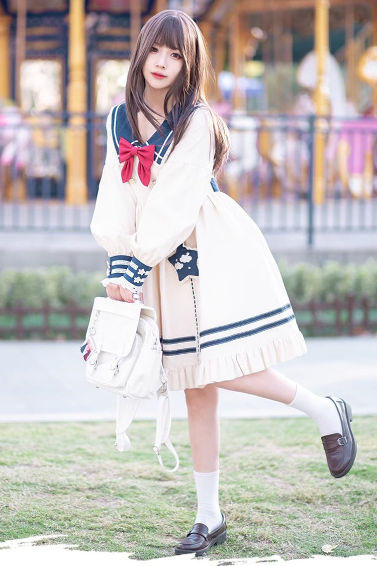 College Navy Style Bowknot Ruffle Long Sleeves Sweet Lolita Dress