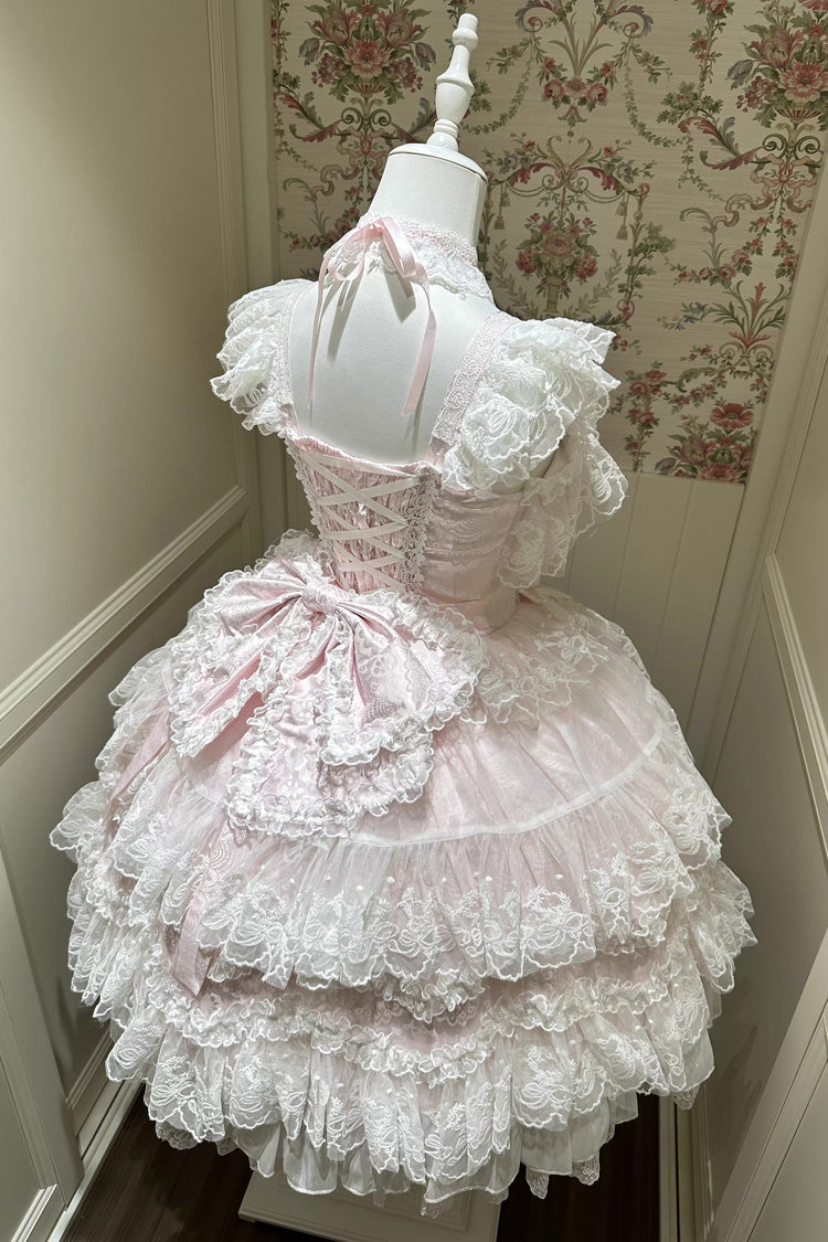 Pink Sakura Dream Romance Sleeveless Multi-Layered Ruffled Hanayome Bow Lace Sweet Princess Lolita Jsk Dress