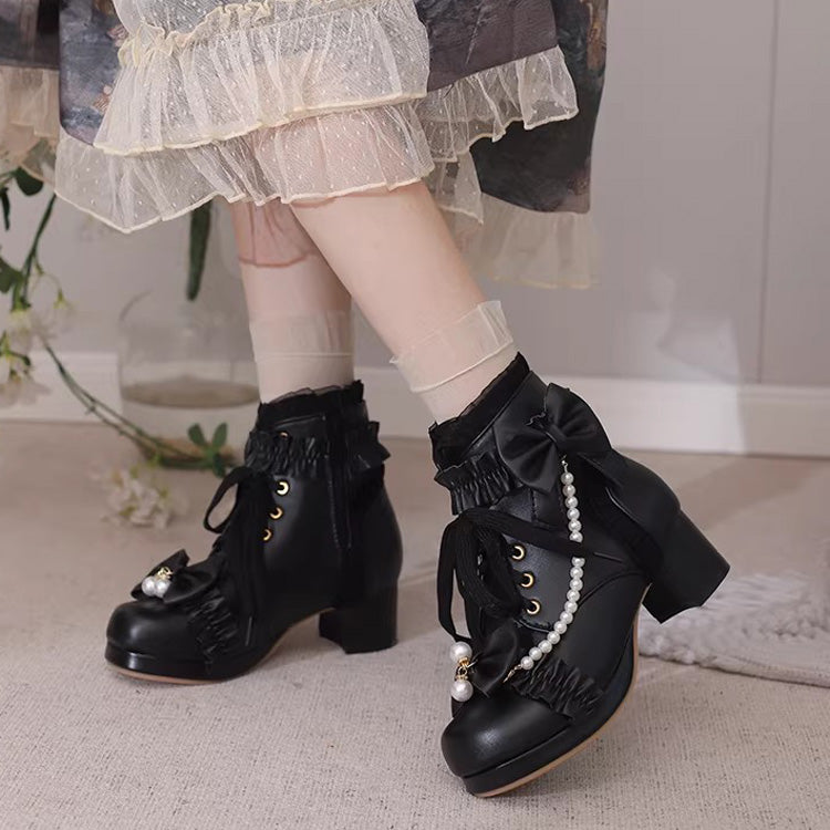 Sweet Ruffled Bow Pearl-Decorated Lolita Ankle Boots 3 Colors