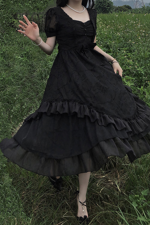 French Elegant Print Multi-Layer Ruffled Short Sleeve Classic Lolita Dress