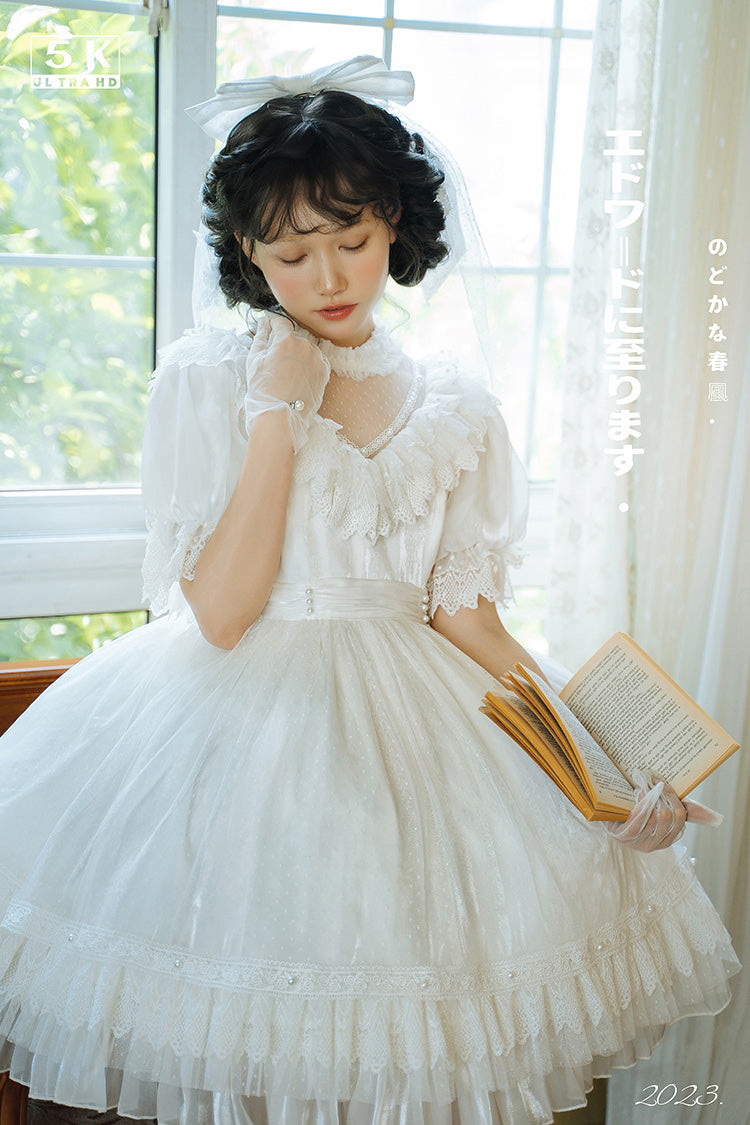White Multi-Layered Ruffle Hanayome Hollow Bowknot Lace Sweet Vintage Gorgeous Lolita Dress