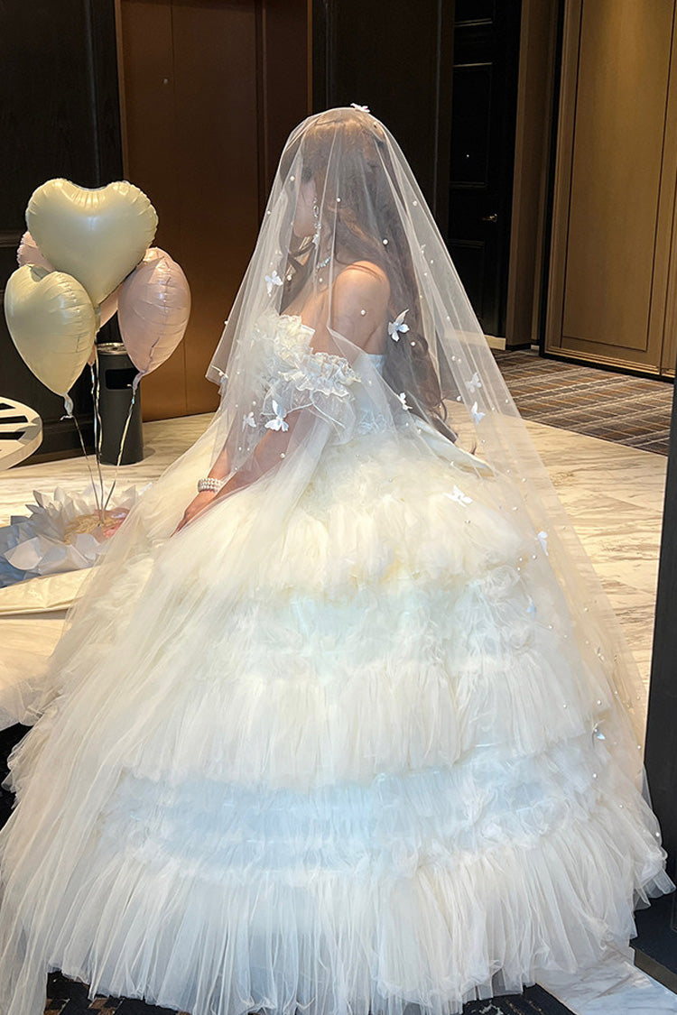 White Maiden's Love Off Shoulder Triple-Layered Ruffled Hanayome Bow Lace Sweet Princess Lolita Dress