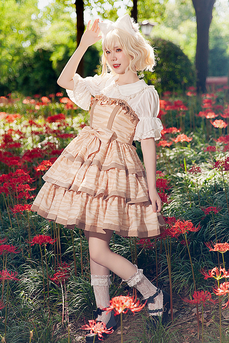 Apricot Cloth Cat Triple-Layered Print Ruffle Bowknot Sweet Lolita Dress