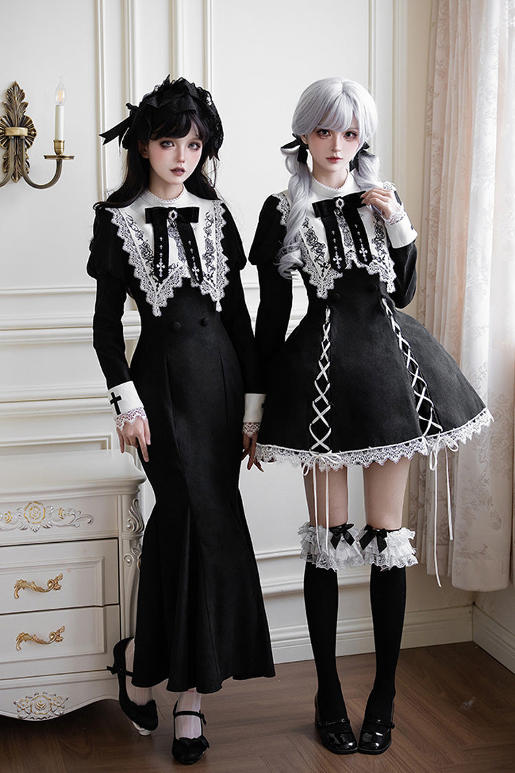 Black/White Rose Doll Square Collar Long Sleeves Bowknot Lace-Up Gothic Lolita Dress Set 2 Versions