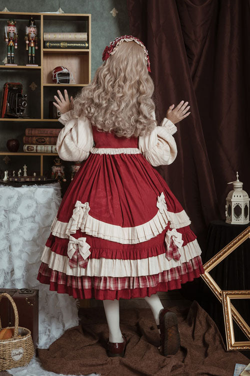 Little Red Riding Hood Lapel Collar Christmas Bowknot High Waisted Multi-Layer Ruffled Sweet Lolita OP Dress