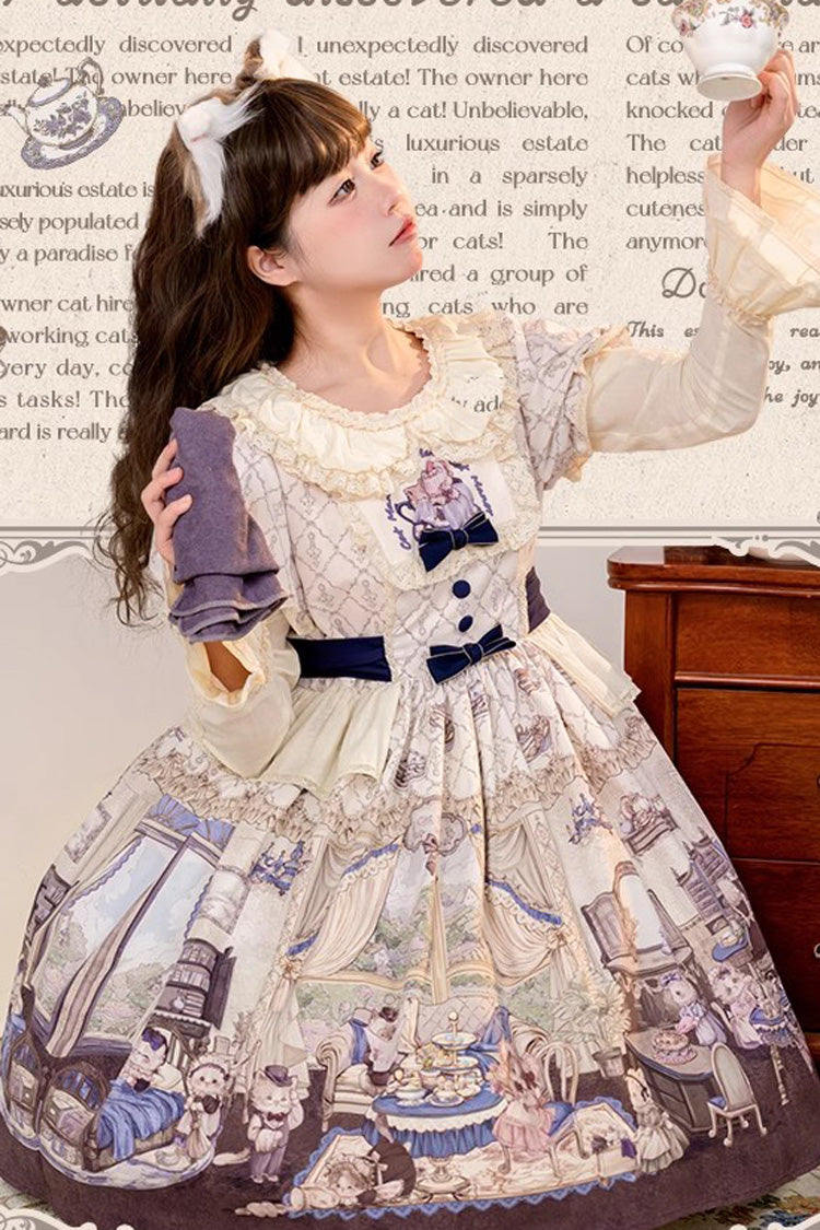 Multi-Color Short Sleeves Cat Manor Print Embroidery Bowknot Sweet Lolita OP Dress