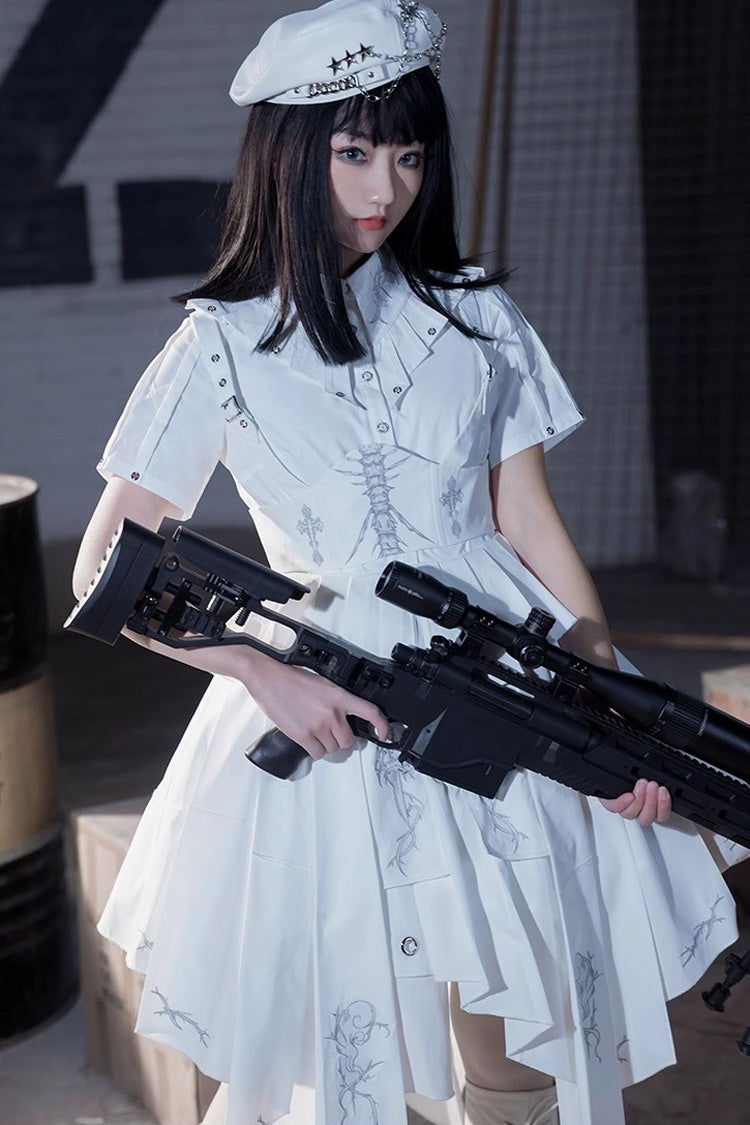 White Travelling Thorns Short Sleeves Print Gothic Elegant Lolita Dress