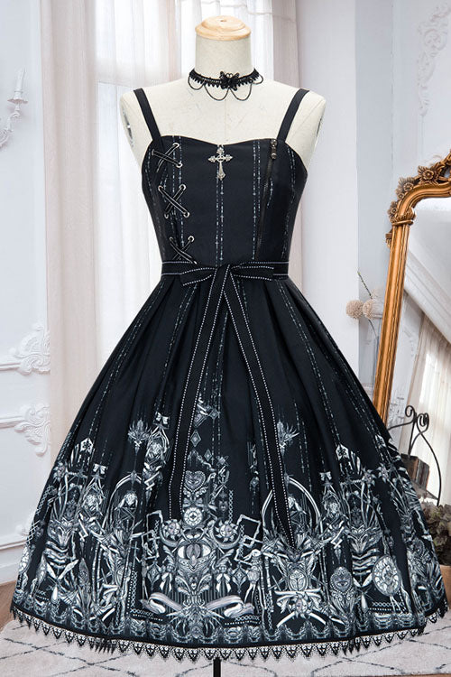 Dark Black Eye Of Red Heart Print Square Collar Cross High Waisted Gothic Lolita Jsk Dress