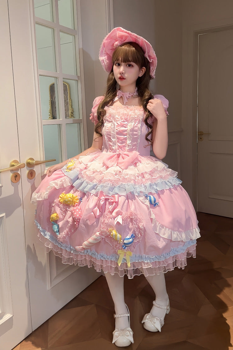 Pink Candy Party Short Sleeves Multi-Layered Ruffled Bow Lace Lace-Up Sweet Lolita Dress