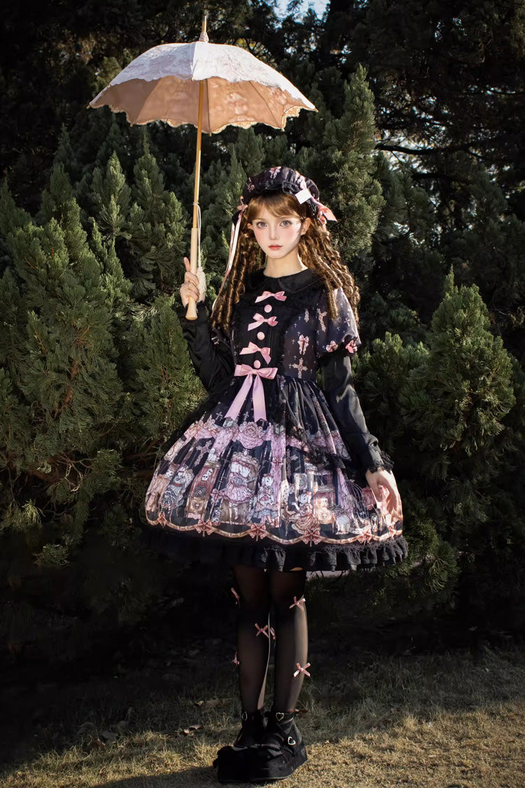 Black The Case of the Missing Lamb Print Long Sleeves Ruffle Bowknot Lace Gothic Lolita Dress