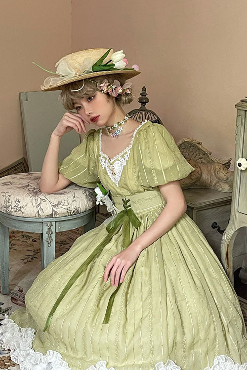 Green Elegant Vintage Square Collar Short Sleeves Multi-Layer Ruffled Classic Lolita OP Dress