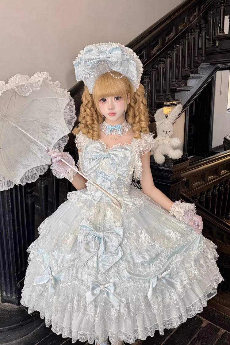 Blue Sakura Dream Romance Sleeveless Multi-Layered Ruffled Hanayome Bow Lace Sweet Princess Lolita Jsk Dress