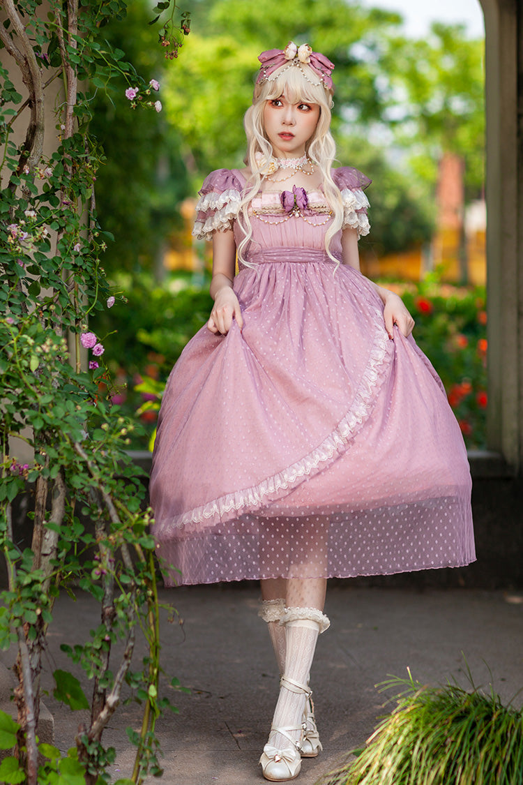 Pink Moon goddess *Mediana* Polka Dot Print Ruffle Bowknot Asymmetric Sweet Elegant Lolita Dress