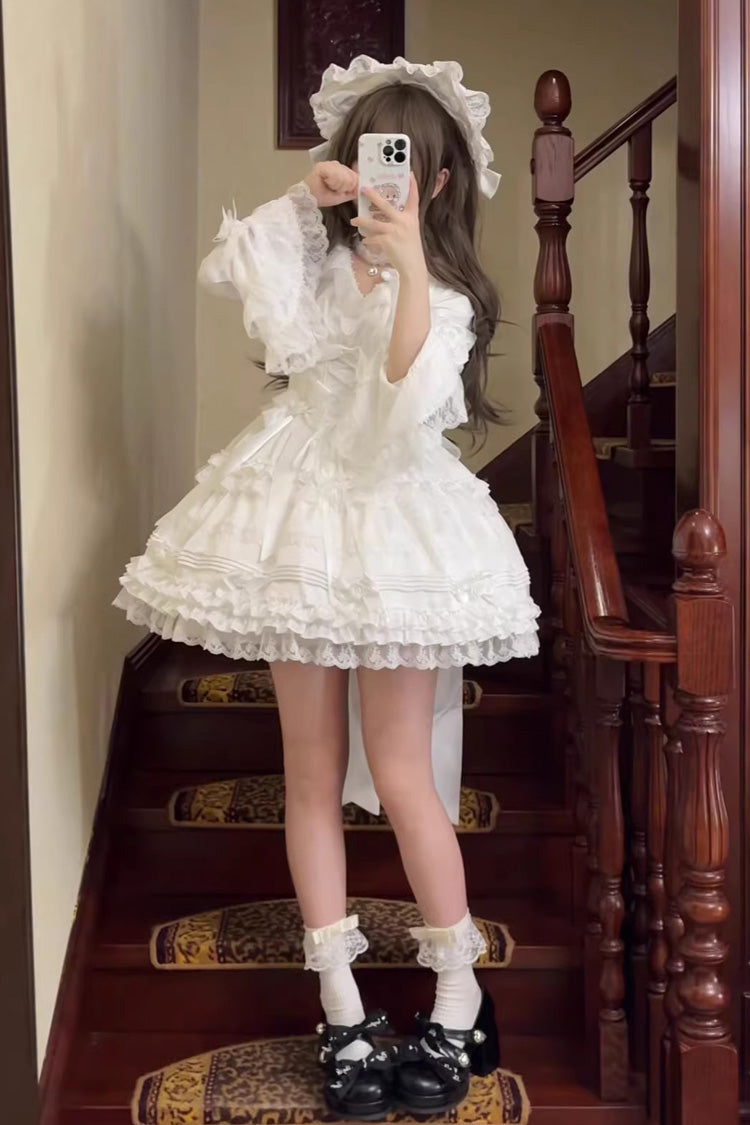 White Layered Buttercream Frosting Short Sleeves Ruffle Bowknot Lace Sweet Lolita Dress