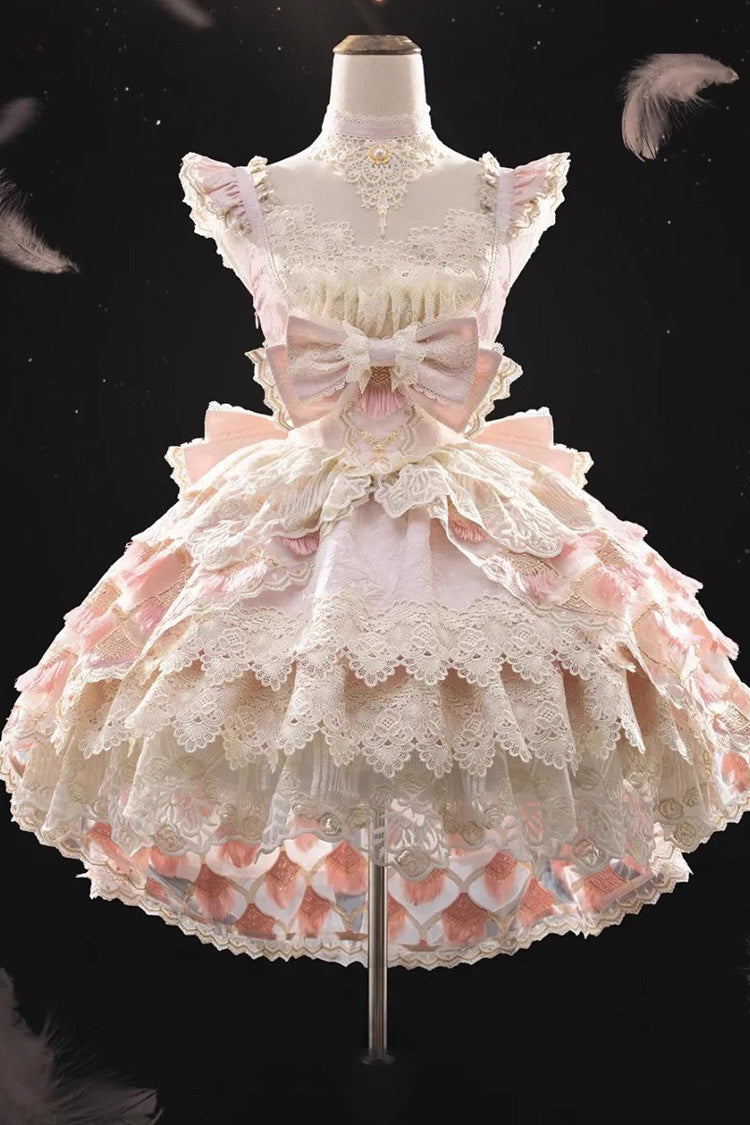 Pink Peacock Feather Multi-Layered Ruffle Hanayome Cardigan Bowknot Lace Sweet Lolita Jsk Dress Set