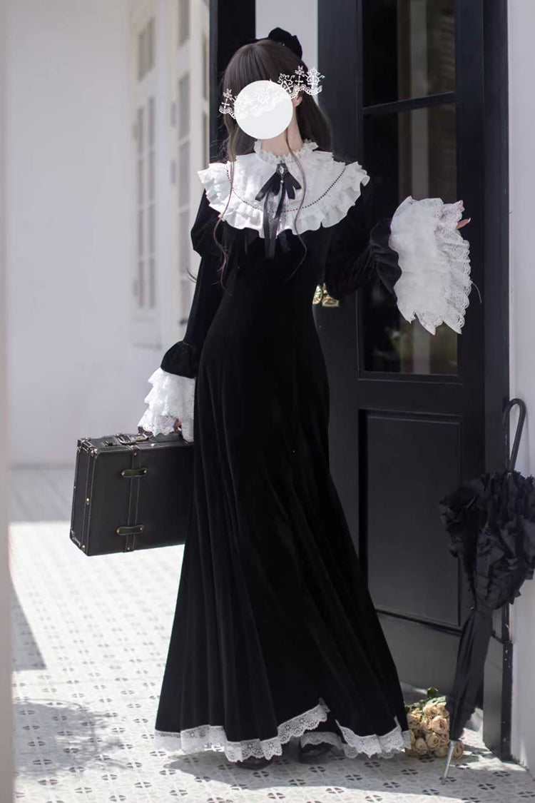 Black Raven-Feather Poetic Letter Velvet Long Hime Sleeves Ruffle Bowknot Gothic Elegant Lolita Fishtail Dress