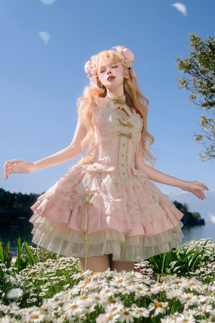 Pink White Pear Dream Multi-layer Ruffle Lace Sweet Chinese Style Princess Lolita Jsk Dress