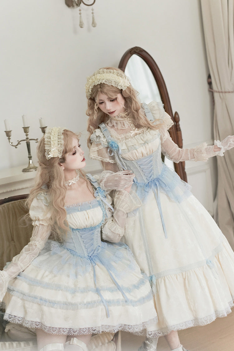 Ivory Sea Salt Iced Tea Square Collar Short Sleeves Ruffle Fishbone Sweet Lolita Short Dress