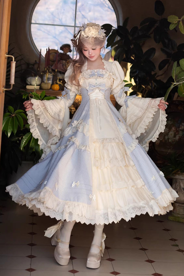 Blue Letter Paper Sleeveless Double-Layered Printed Ruffled Open-Front Bow Lace-Up Sweet Lolita Jsk Dress (Long Version)