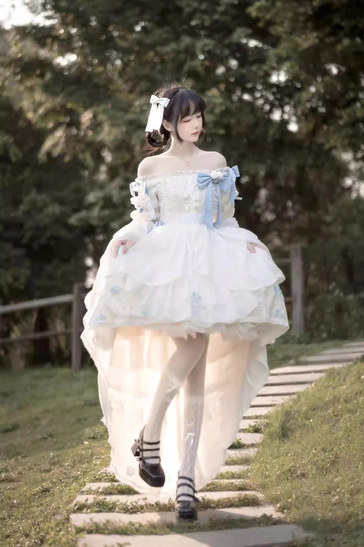 White Boat Neck Multi-layer Ruffle Hanayome Bowknot Sweet Princess Lolita Strapless Dress