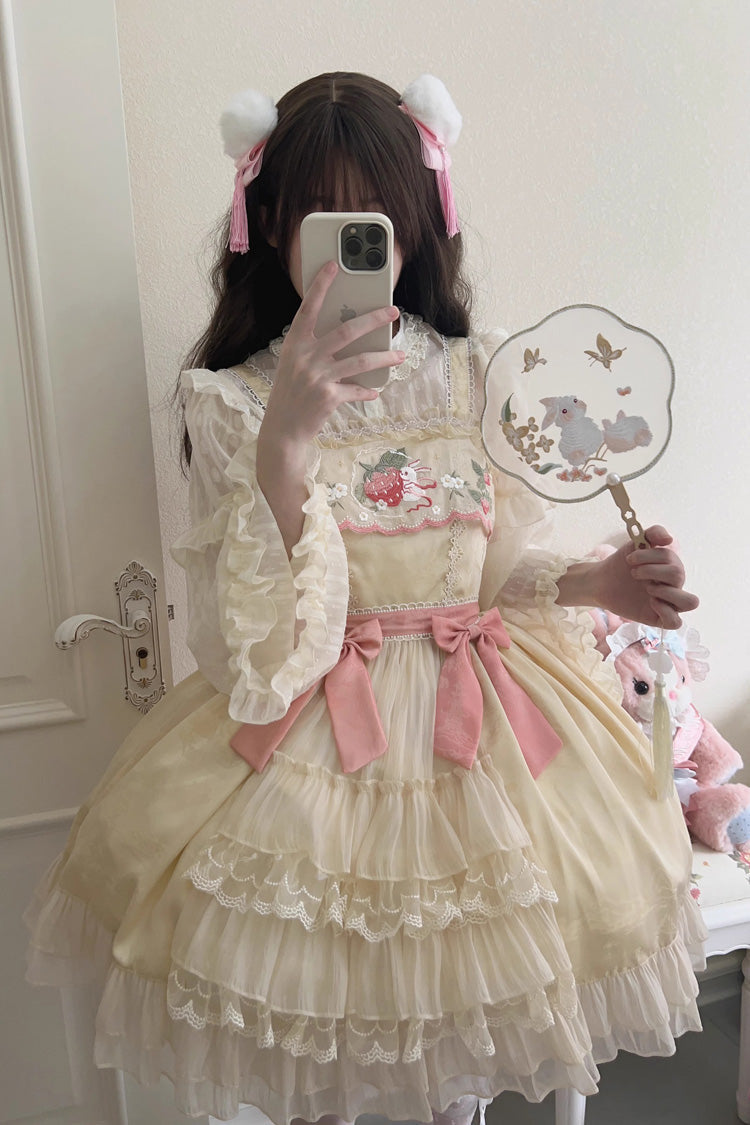 Moon Rabbit Ruffle Embroidery Cardigan Bowknot Sweet Lolita Jsk Dress