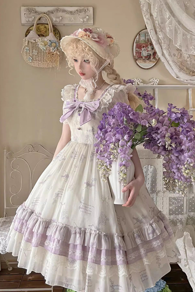 Letters and Poems Starry Bellflower Print Short Sleeve Square Neck Sweet Lolita Dress