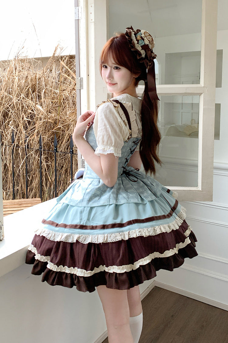 Green/Brown Mint Chocolate Sleeveless Triple-Layered Ruffle Bowknot Sweet Lolita Jsk Dress