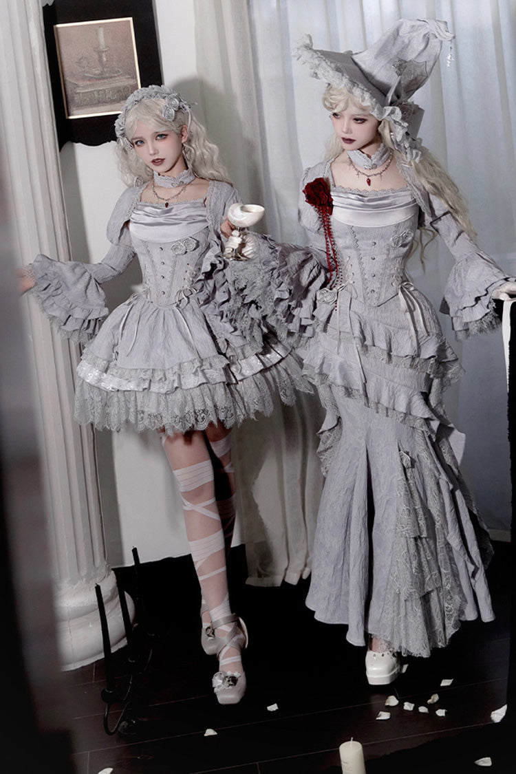 Silver Grey Twilight Ruffle Lace Irregular Gothic Witch Lolita Fishtail Skirt Set