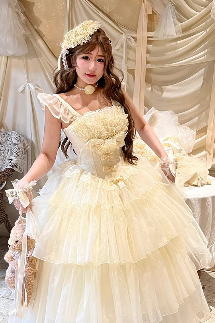 Beige Mousse Serenade Triple-Layered Ruffled Hanayome Bow Lace Sweet Princess Lolita Strapless Dress