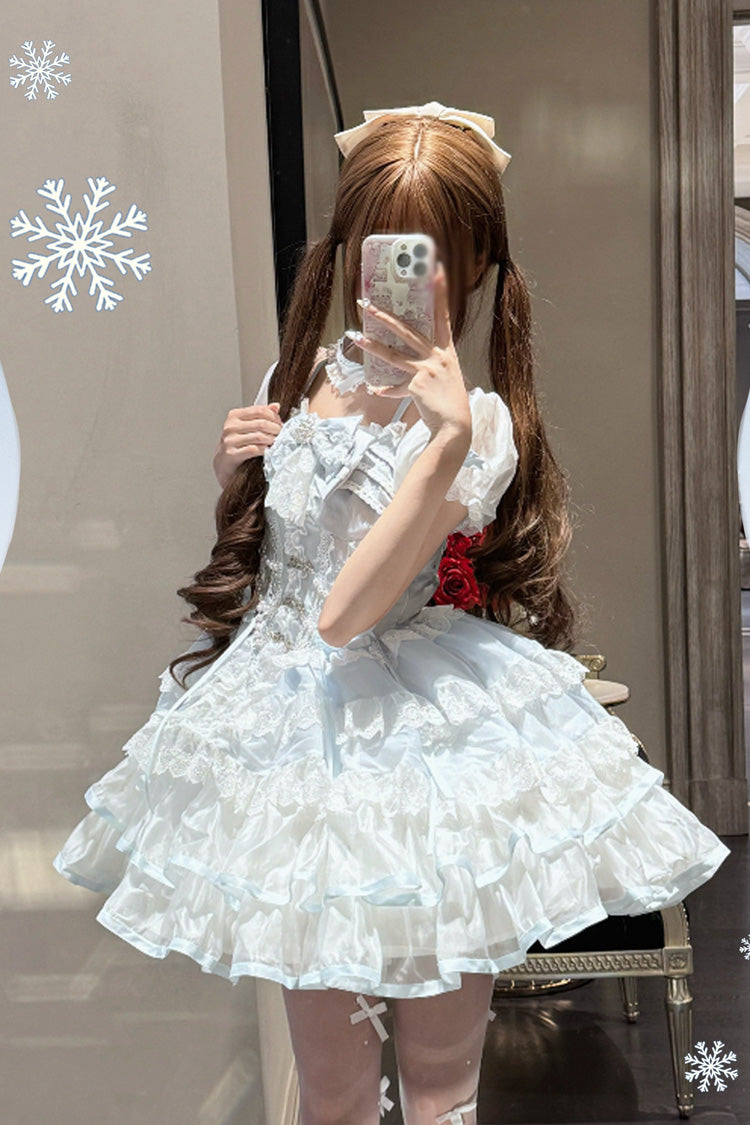 White/Blue Ice Dance Short Sleeves Multi-Layered Ruffle Embroidery Bowknot Lace Sweet Lolita Dress