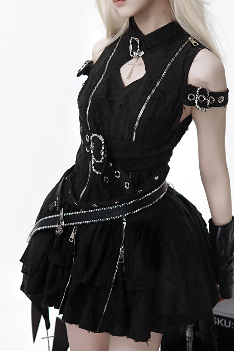 Black Hunter Stand Collar Off Shoulder Ruffle Embroidery Zipper Gothic Lolita Dress
