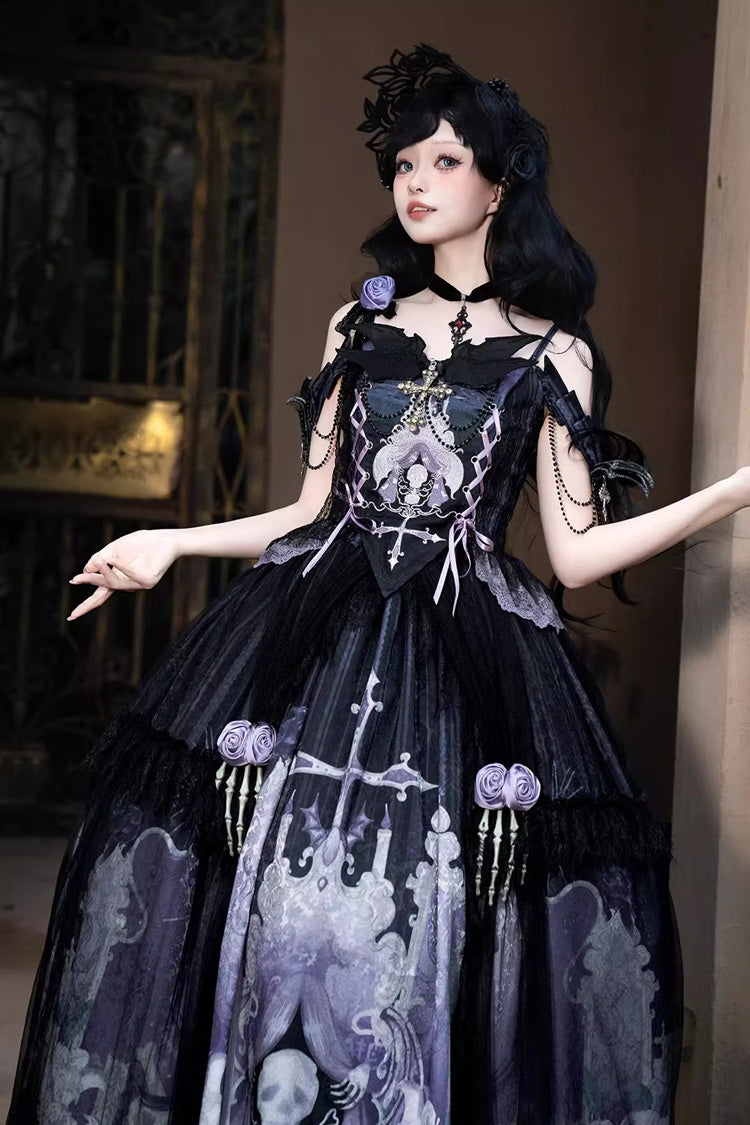 Black/Blue Skull Magic Print Ruffle Bowknot Gothic Elegant Lolita Skirt Two-Piece Set