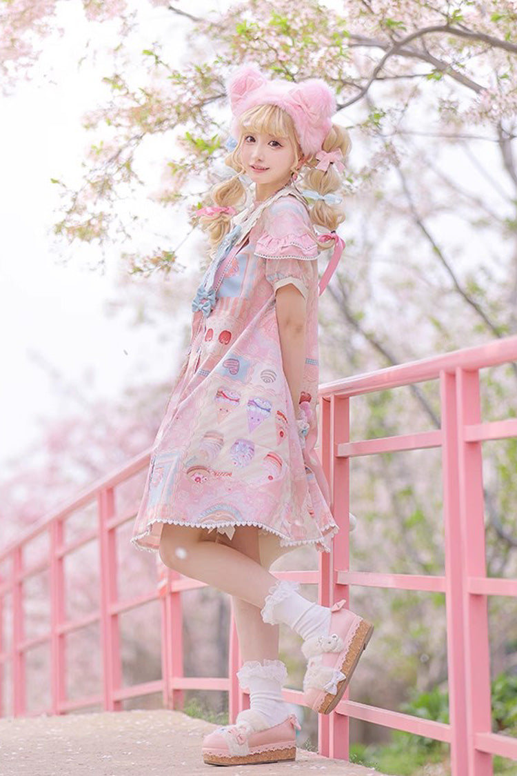Cake Chocolate Dessert Print Short Sleeves Ruffle Bowknot Sweet Lolita Dress 2 Colors