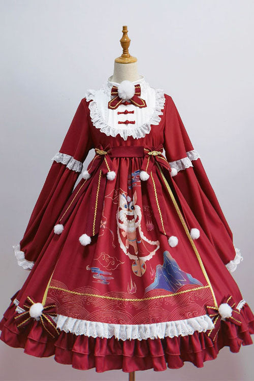 Red Lion Stepping On Hydrangea Print Bowknot Long Sleeves Multi-Layer Ruffled Sweet Lolita OP Dress