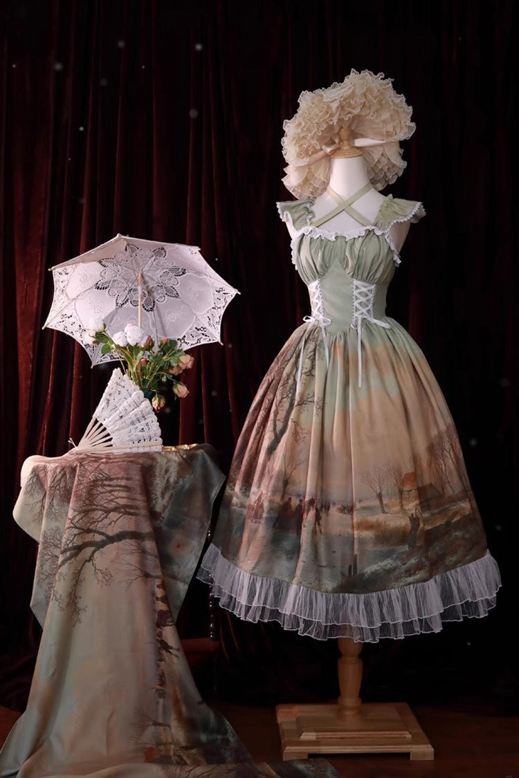 Village Print Ruffle Lace Off Shoulder Elegant Princess Sweet Lolita Jsk Dress 2 Colors