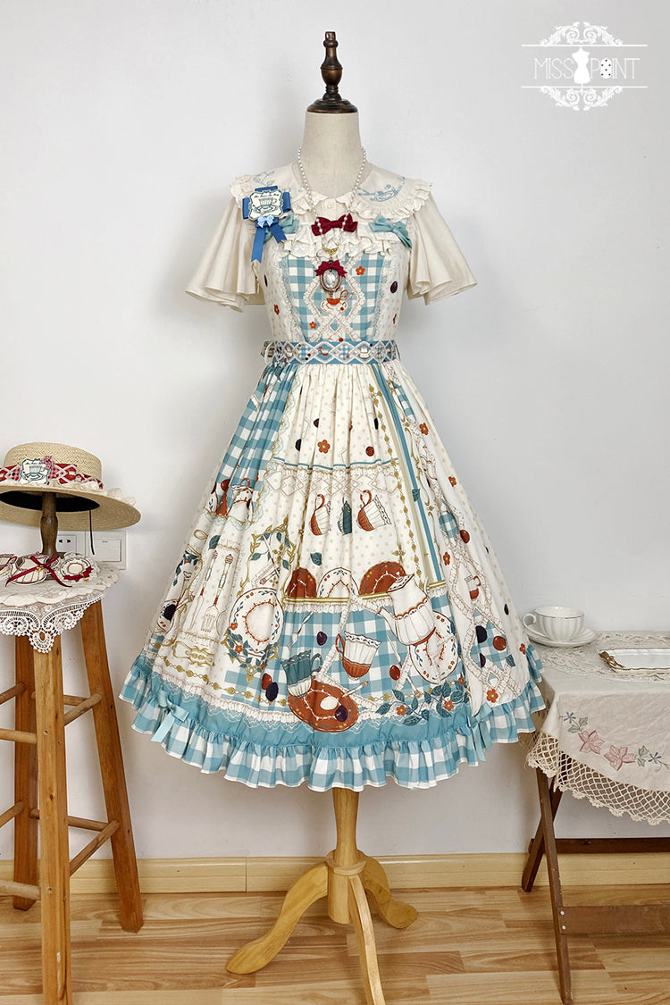 Blue/Green Tea Party Print Ruffle Bowknot Lace Sweet Elegant Lolita Jsk Dress
