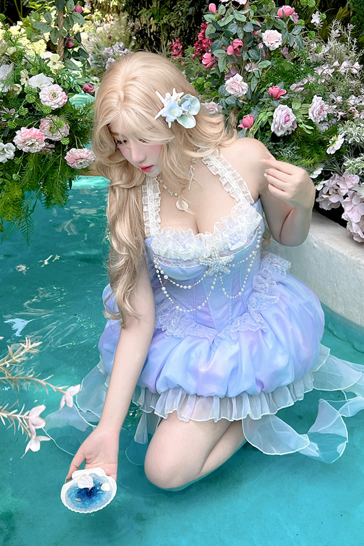 Blue Starlight Jellyfish Princess Halterneck Sleeveless Ruffle Lace Sweet Lolita Jsk Dress