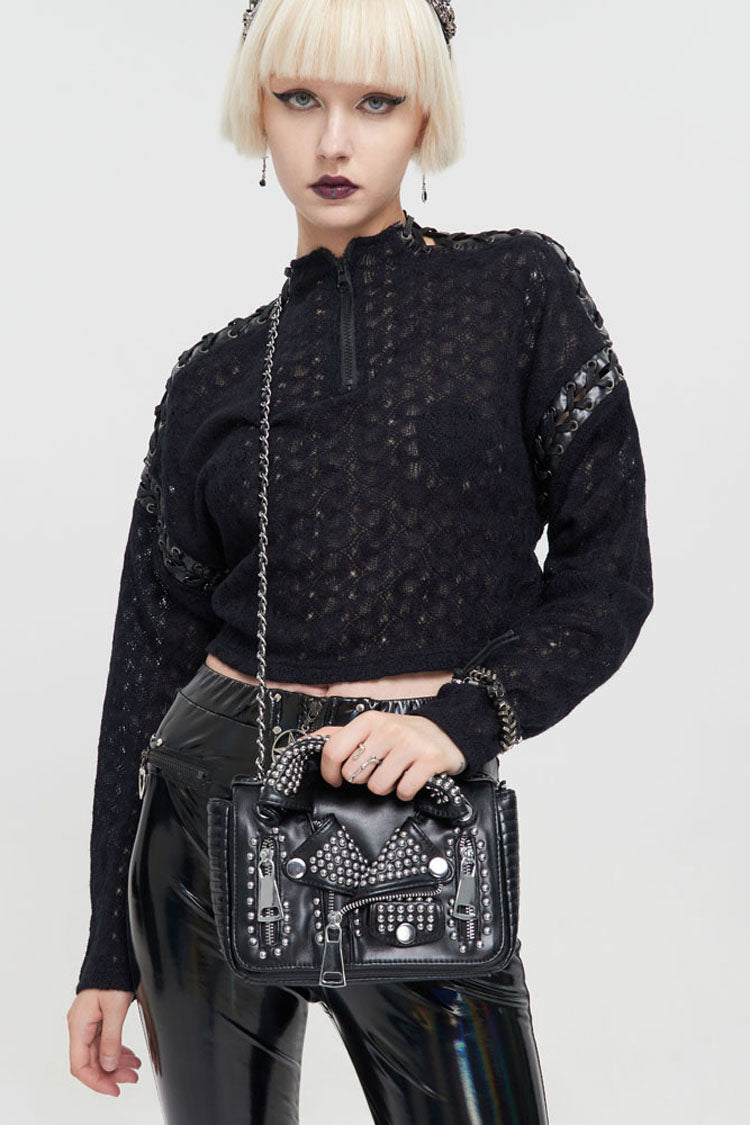 Black Punk Leather Imitation Collar Design Metal Rivet Zipper Women's Bag