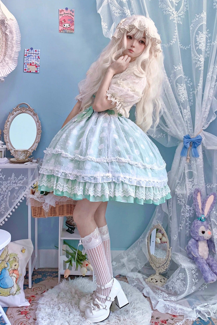 Wave Candy Triple-Layered Print Ruffle Bowknot Sweet Lolita Skirt 3 Colors
