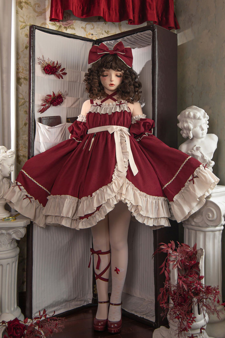 Red Monet Estate Sleeveless High Waisted Ruffle Bowknot Asymmetric Gothic Lolita Jsk Dress