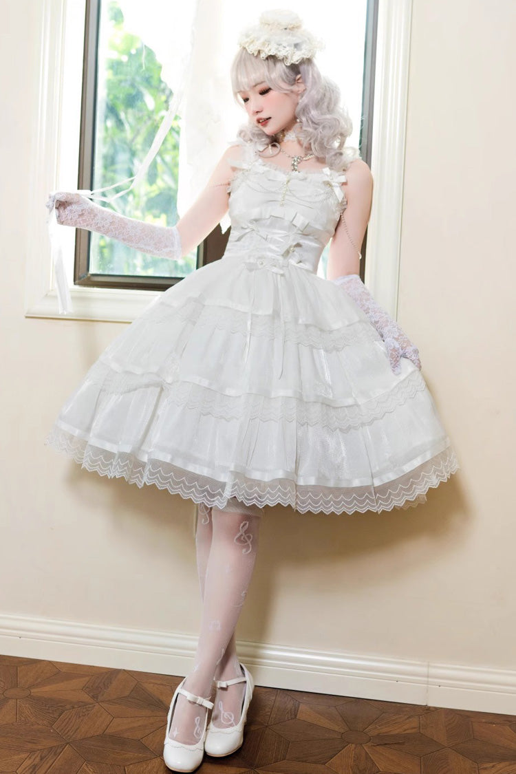 White Sleeveless Multi-layer Ruffle Bowknot Sweet Princess Lolita Jsk Dress
